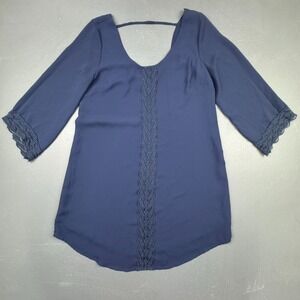 Boho Lace Blouse Women's Medium Navy Blue 3/4 Sleeve Scoop Neck Festival Top